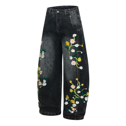 Womens High-waisted Relaxed-fit Floral-embroidered Jeans
