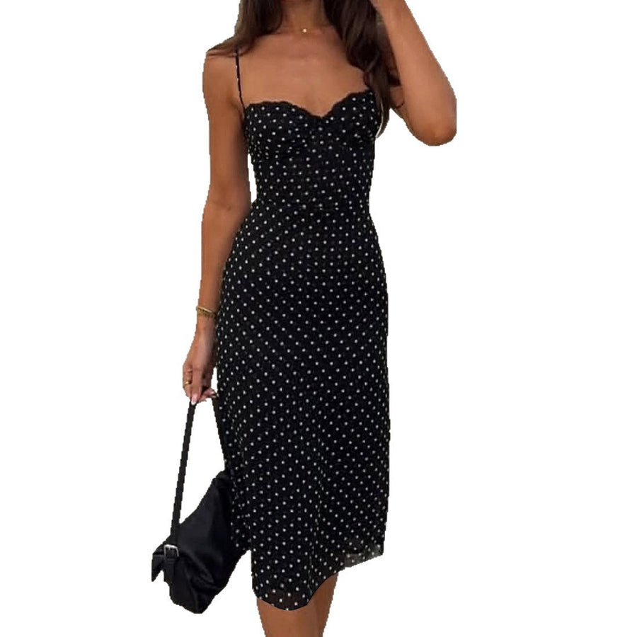 Womens Polka-dot Elegant Lace-trimmed Strap Dress