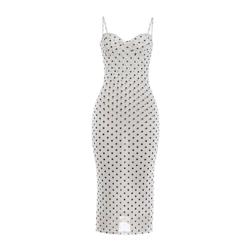 Womens Polka-dot Elegant Lace-trimmed Strap Dress