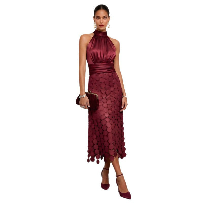Summer French-Style Geometric Round-Skirt Halter Dress