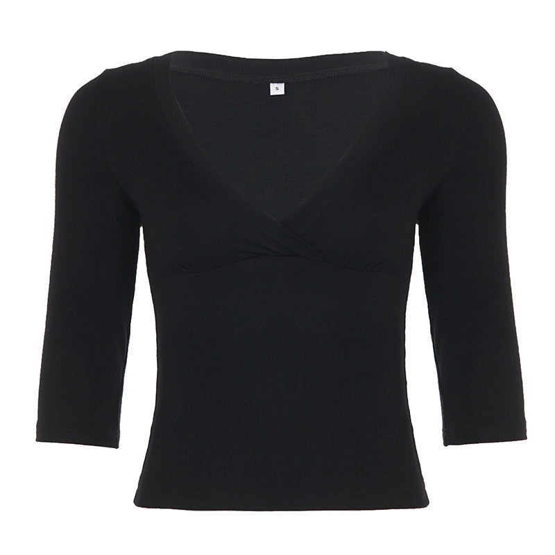 Fashionable Mature-Style Versatile Cropped Knit T-shirt