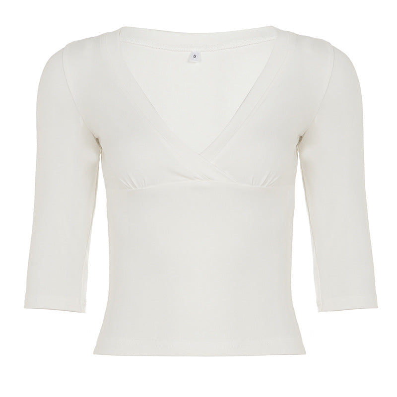 Fashionable Mature-Style Versatile Cropped Knit T-shirt