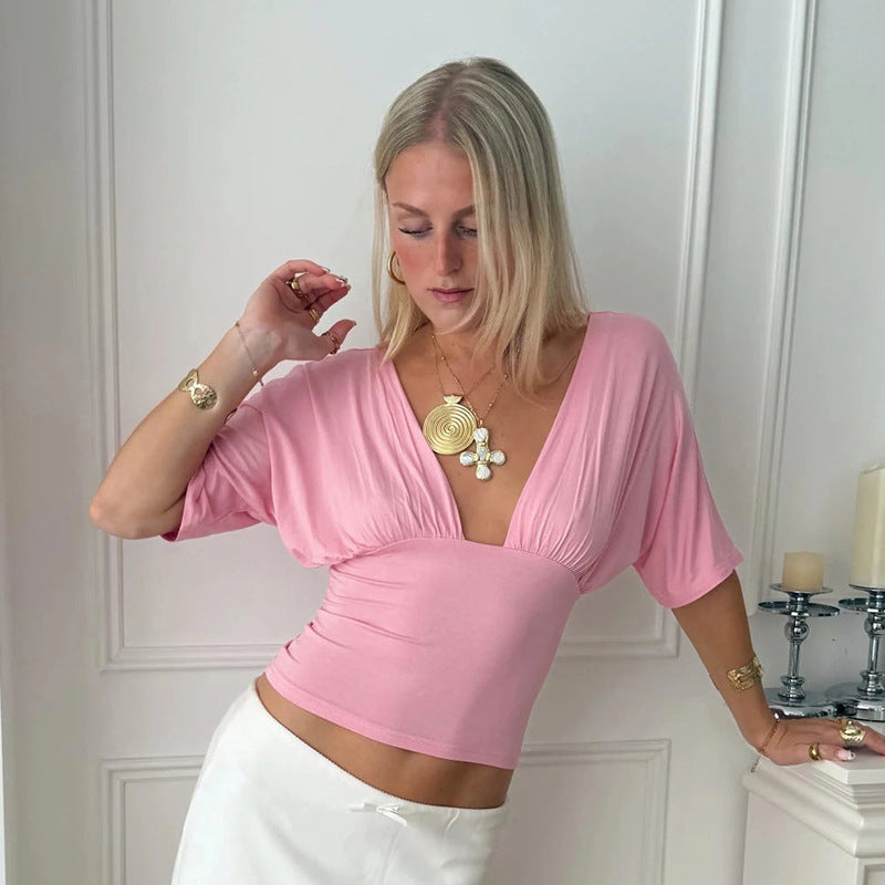 Backless Mid-sleeve Spliced Waist-cinching T-shirt Top