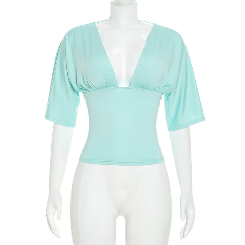 Backless Mid-sleeve Spliced Waist-cinching T-shirt Top