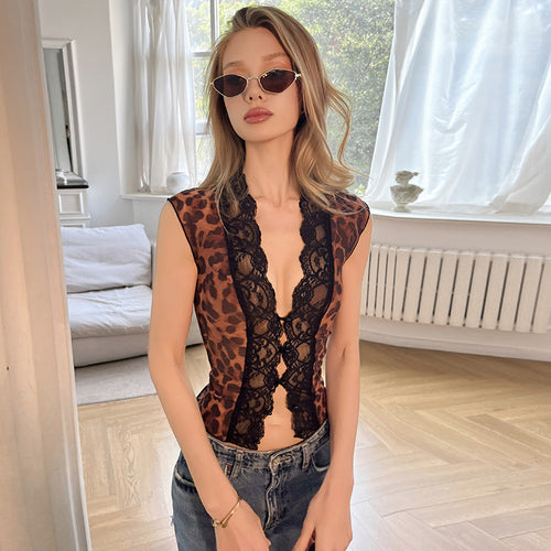 Fashionable Printed Mesh Lace-Trimmed T-Shirt for Women