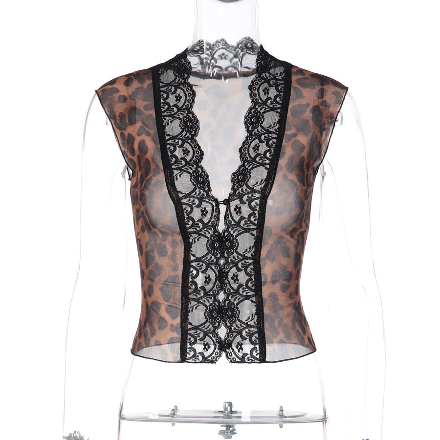 Fashionable Printed Mesh Lace-Trimmed T-Shirt for Women