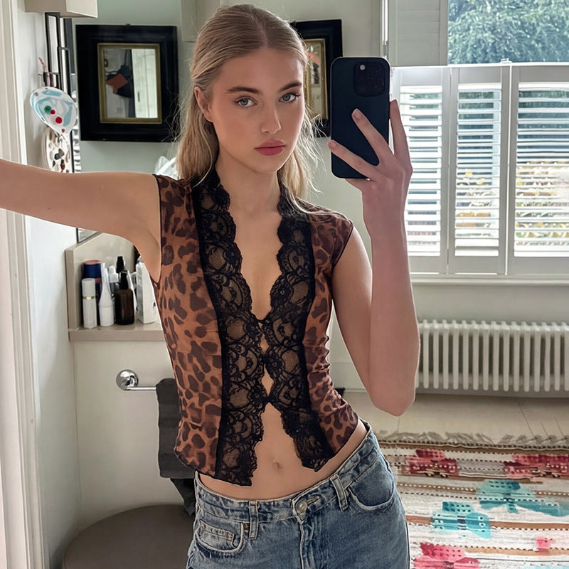 Fashionable Printed Mesh Lace-Trimmed T-Shirt for Women