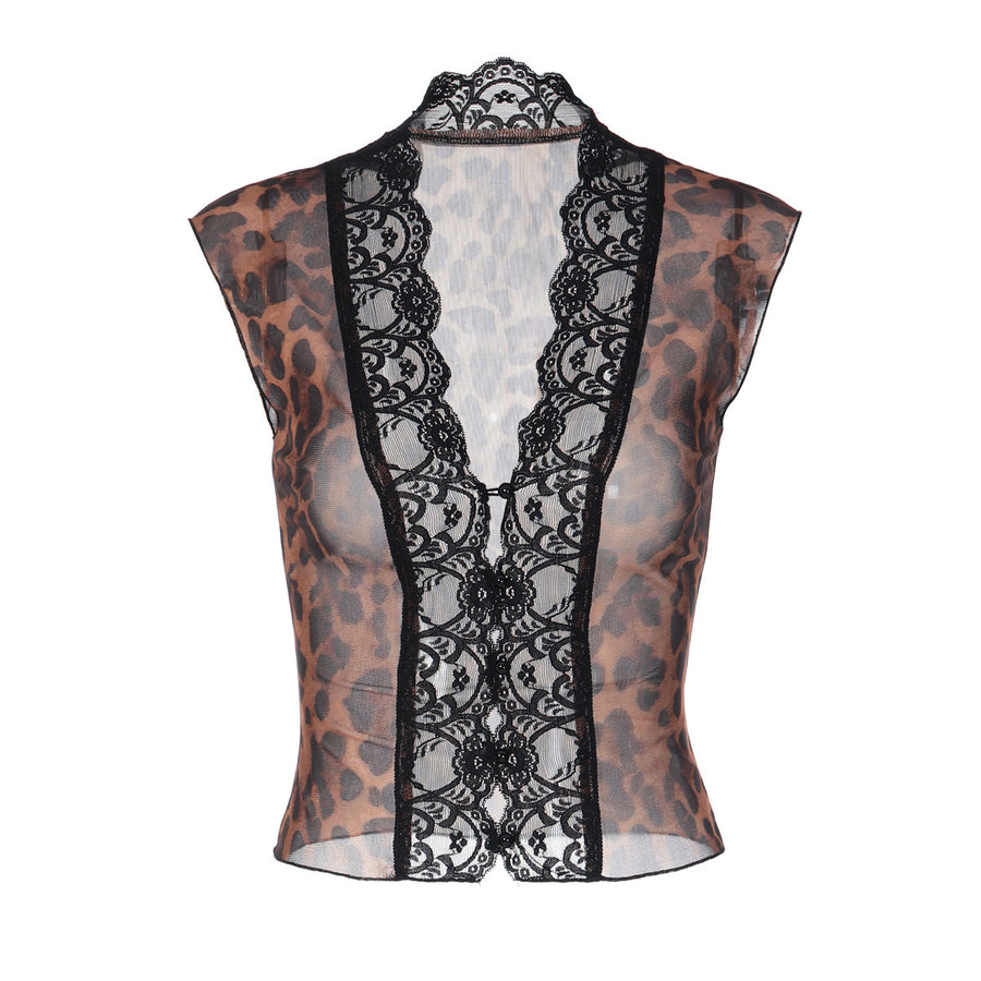 Fashionable Printed Mesh Lace-Trimmed T-Shirt for Women
