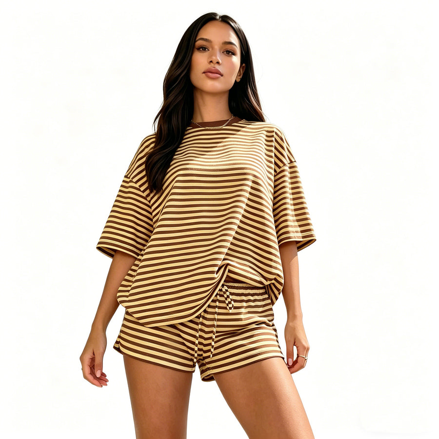 Womens Casual Striped Drawstring Short-Sleeve Shorts Set