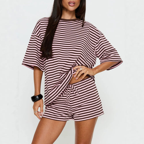 Womens Casual Striped Drawstring Short-Sleeve Shorts Set