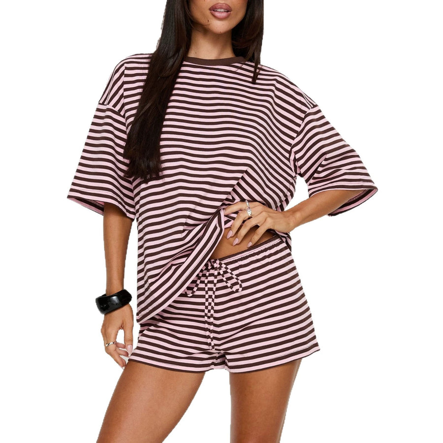 Womens Casual Striped Drawstring Short-Sleeve Shorts Set