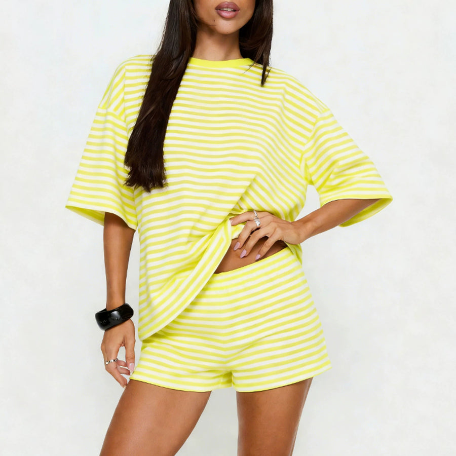 Womens Casual Striped Drawstring Short-Sleeve Shorts Set