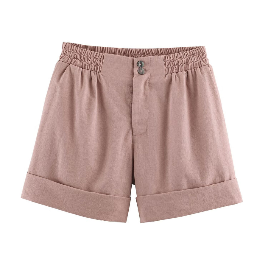 Casual Shorts with Curled Hem - Western Style for Women