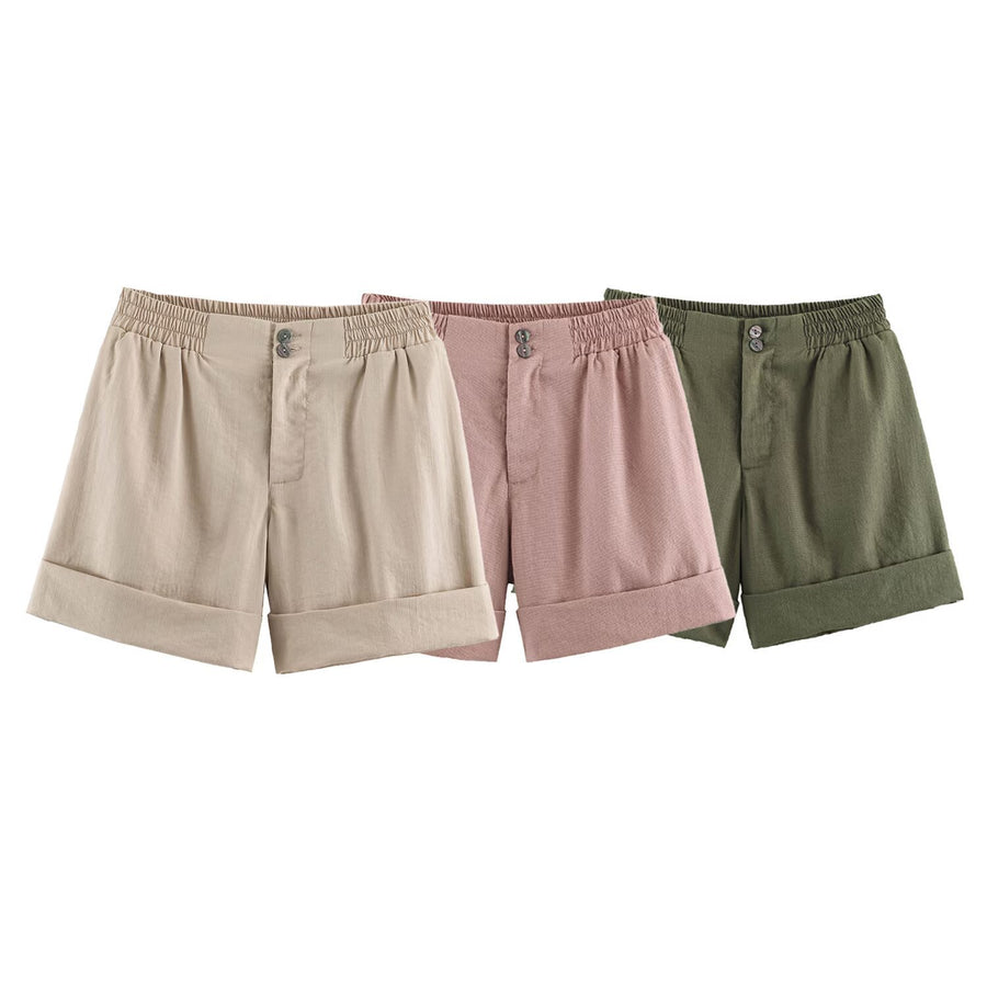 Casual Shorts with Curled Hem - Western Style for Women
