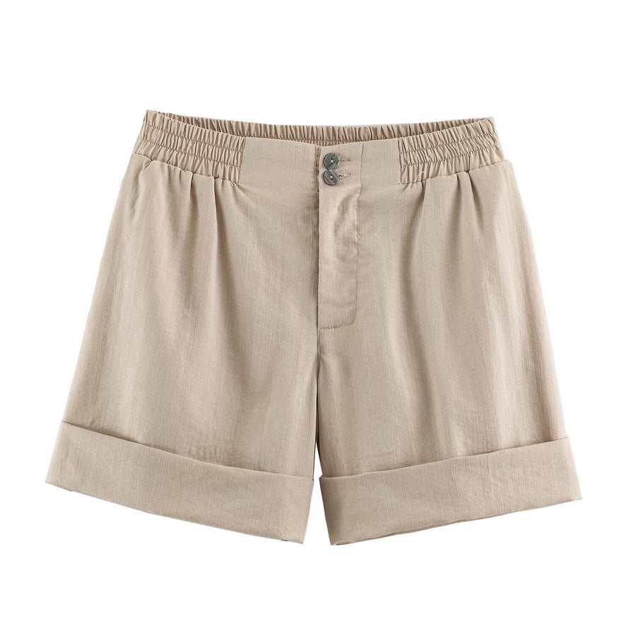 Casual Shorts with Curled Hem - Western Style for Women