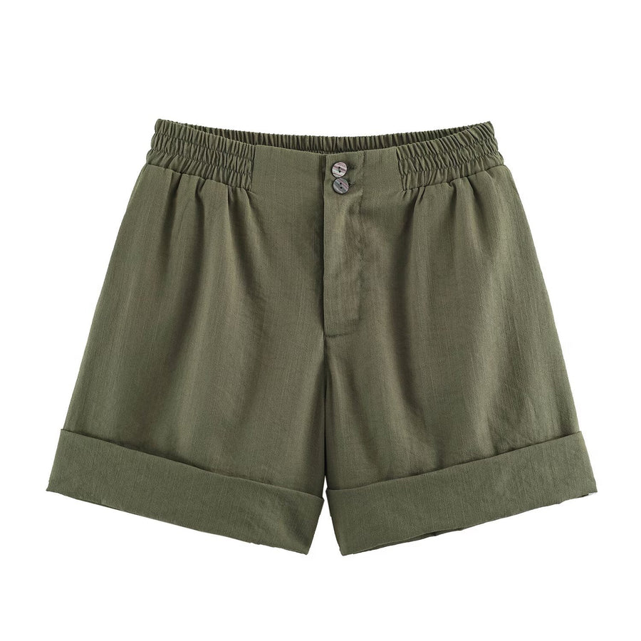 Casual Shorts with Curled Hem - Western Style for Women
