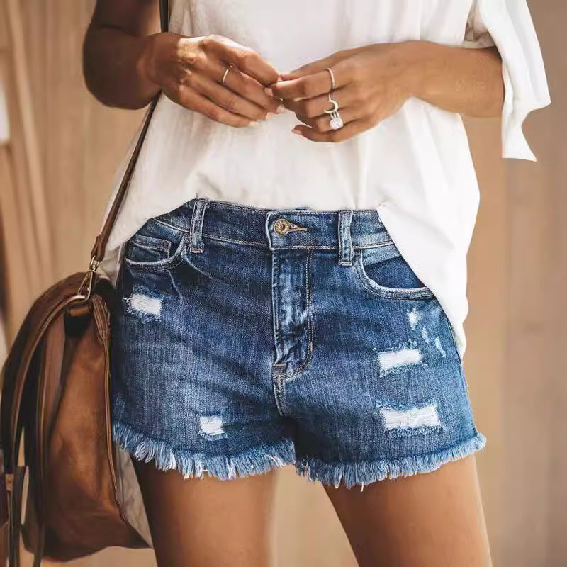 Womens Fashionable Ripped Fringed Denim Shorts for Summer