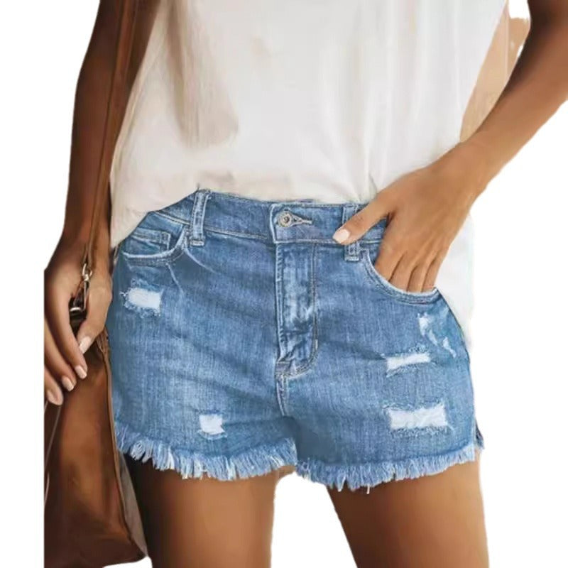 Womens Fashionable Ripped Fringed Denim Shorts for Summer