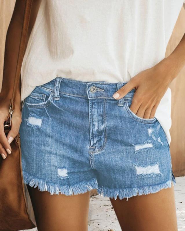 Womens Fashionable Ripped Fringed Denim Shorts for Summer