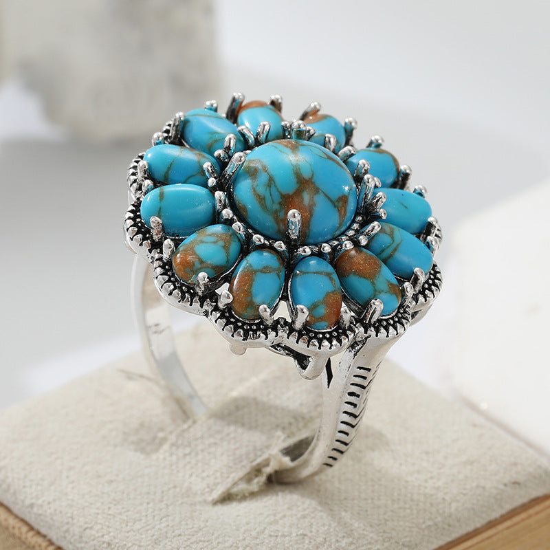 Turquoise and Silver Floral Statement Ring for Women