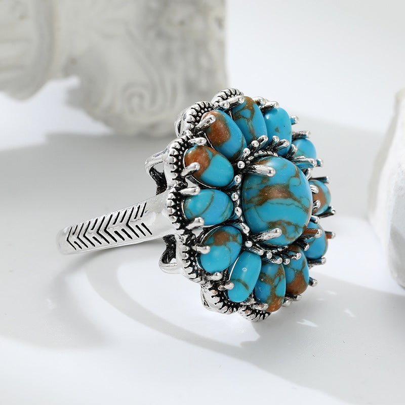 Turquoise and Silver Floral Statement Ring for Women