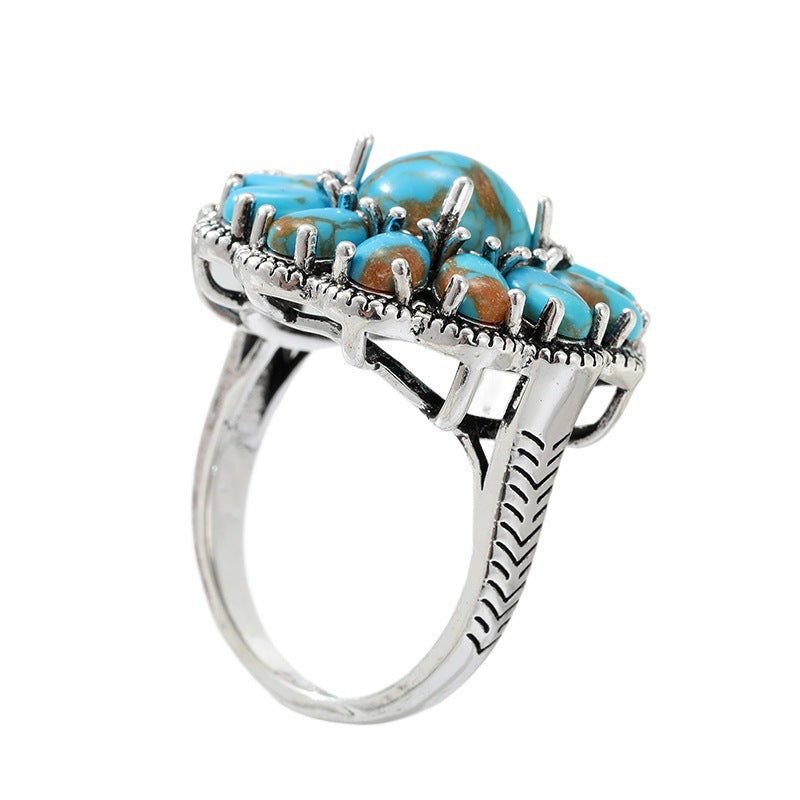 Turquoise and Silver Floral Statement Ring for Women