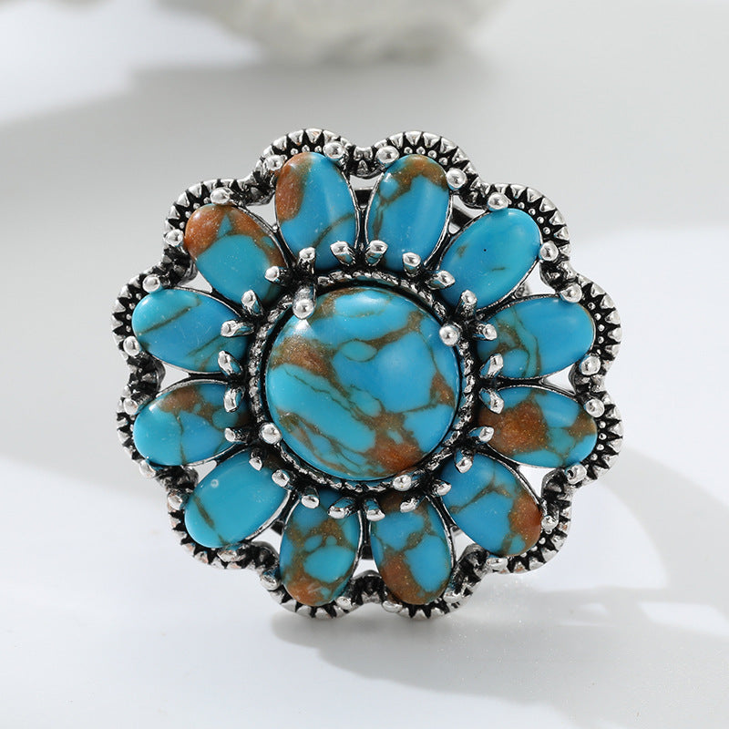 Turquoise and Silver Floral Statement Ring for Women