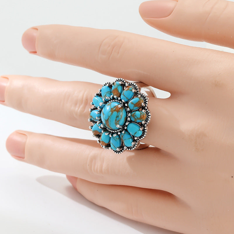 Turquoise and Silver Floral Statement Ring for Women