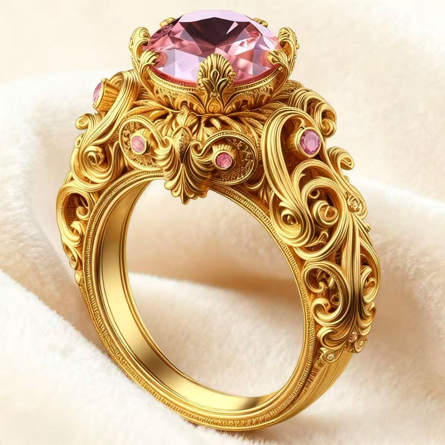 European and American All-Match Carved Pink Diamond Ring
