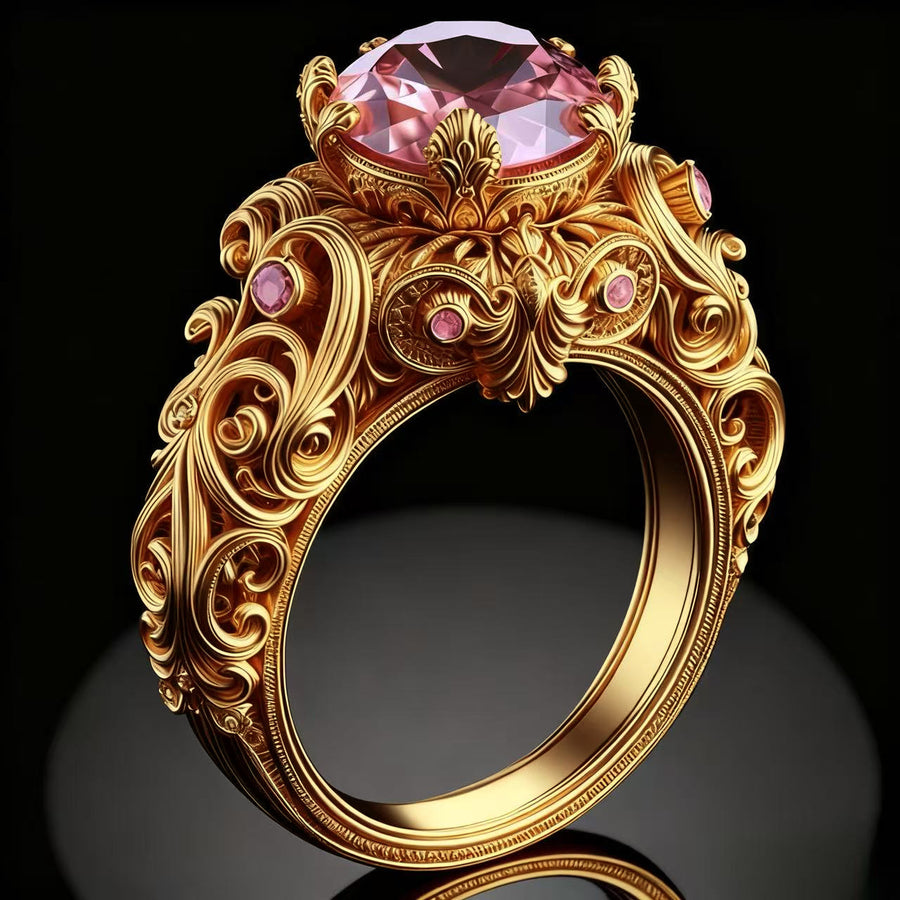 European and American All-Match Carved Pink Diamond Ring