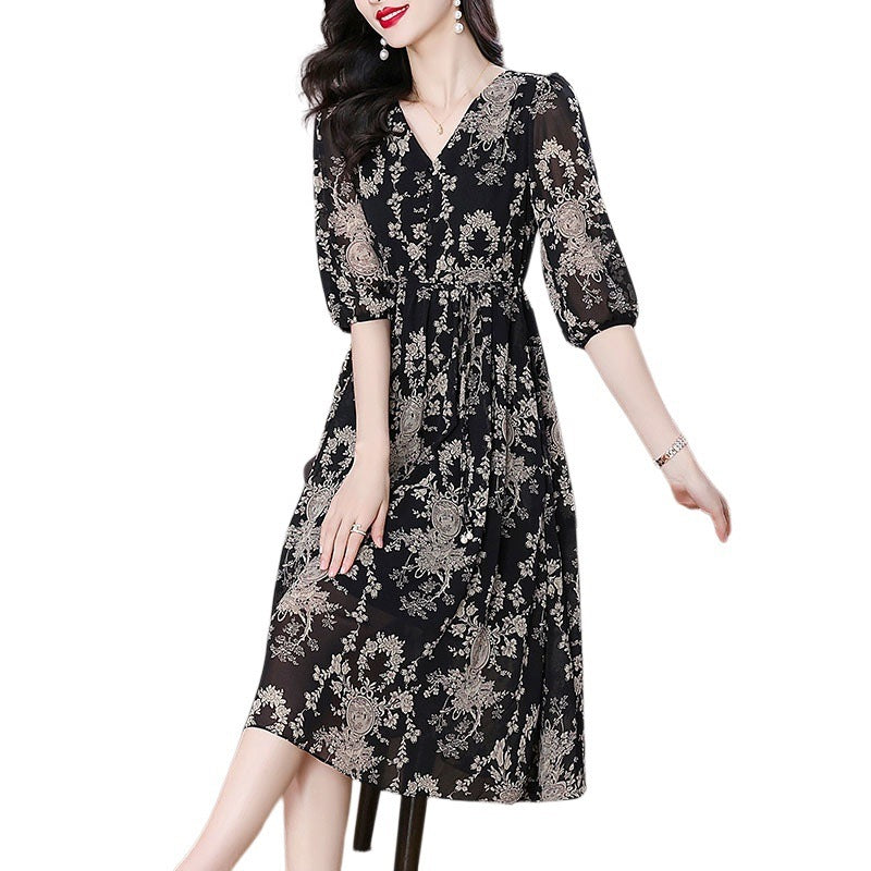 Five-Quarter-Sleeve Elegant Floral Midi Dress for Every Occasion
