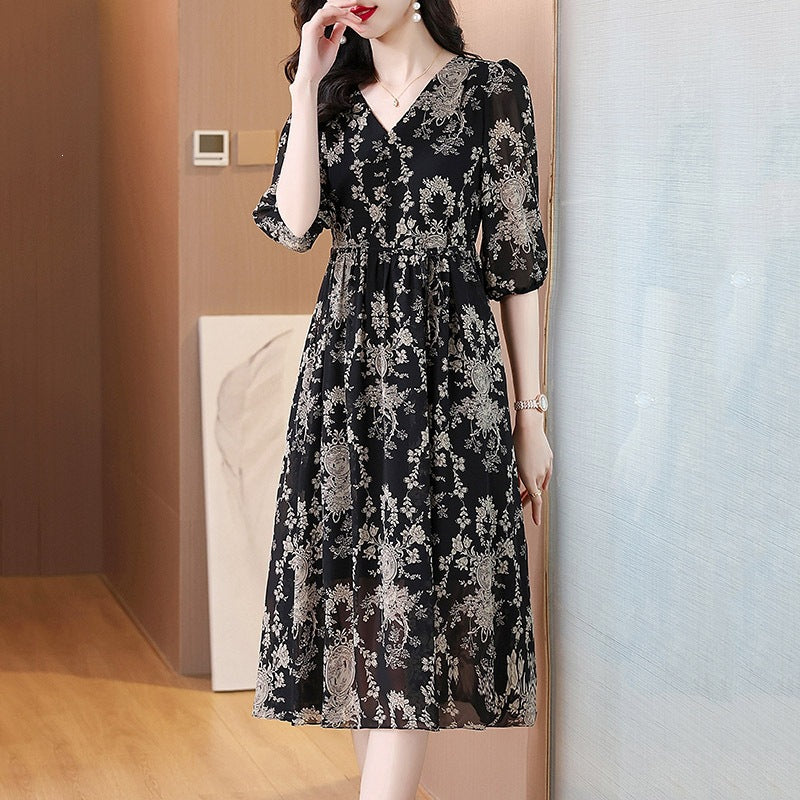 Five-Quarter-Sleeve Elegant Floral Midi Dress for Every Occasion