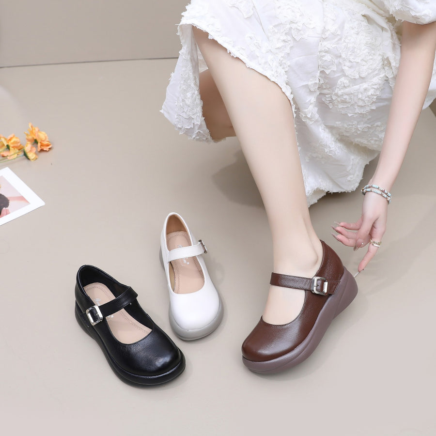 Vintage Chunky-soled Shoes: Full-grain Leather Mary Jane Style