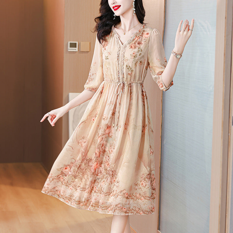 Elegant Silk Classic French-style Tea-length Floral Maxi Dress