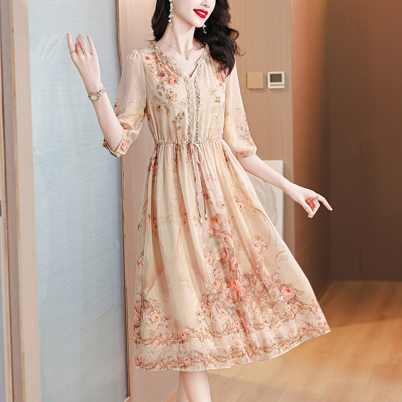 Elegant Silk Classic French-style Tea-length Floral Maxi Dress