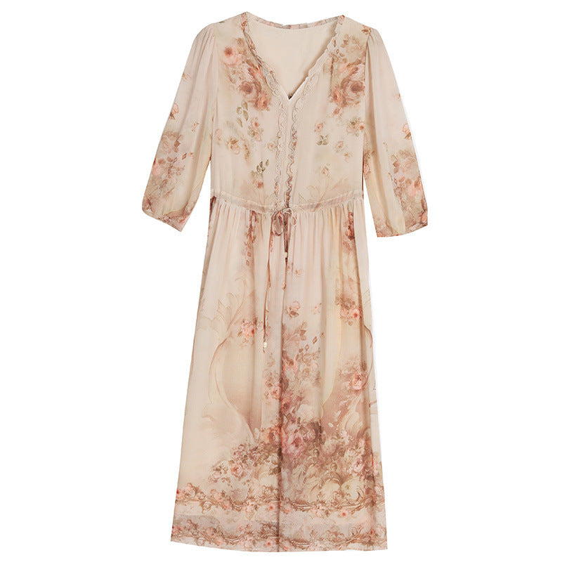 Elegant Silk Classic French-style Tea-length Floral Maxi Dress