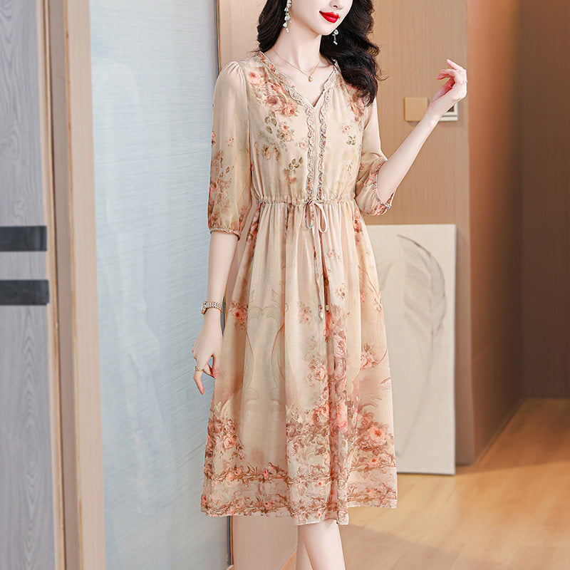 Elegant Silk Classic French-style Tea-length Floral Maxi Dress