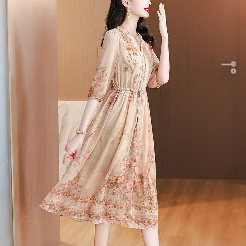 Elegant Silk Classic French-style Tea-length Floral Maxi Dress