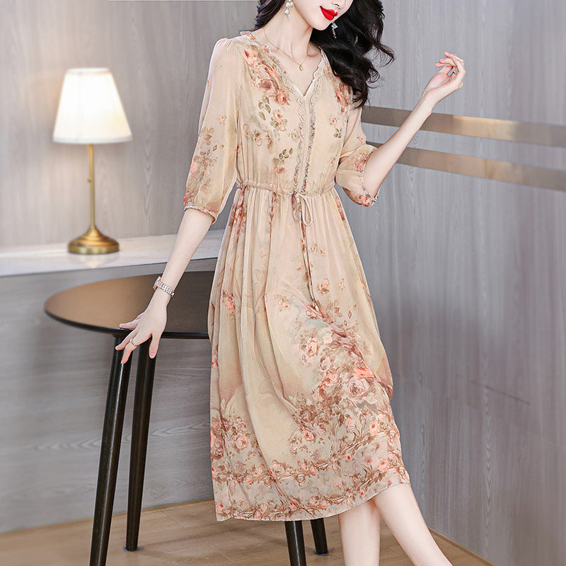 Elegant Silk Classic French-style Tea-length Floral Maxi Dress