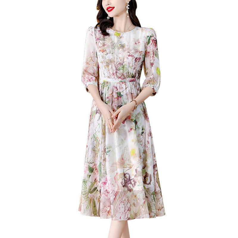 Western-style Relaxed-fit Midi Dress with Three-quarter Sleeves