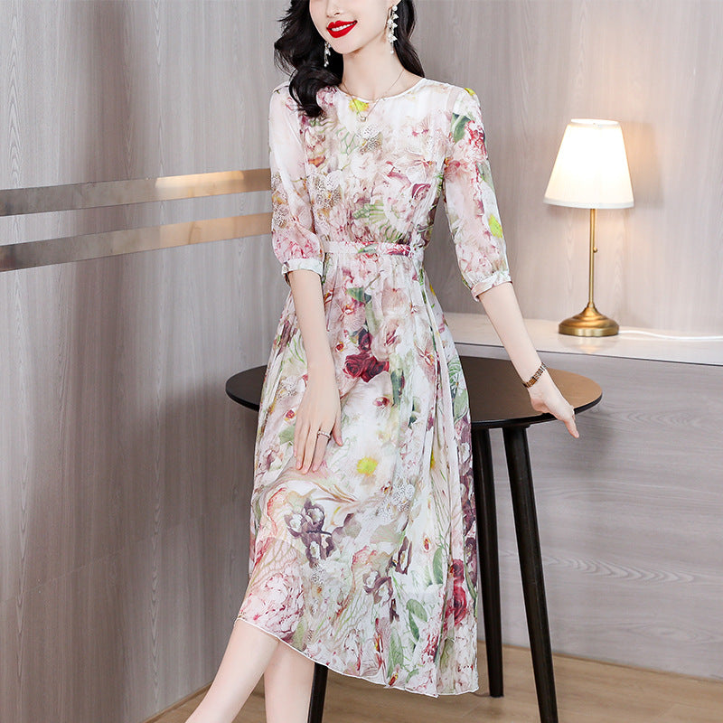 Western-style Relaxed-fit Midi Dress with Three-quarter Sleeves