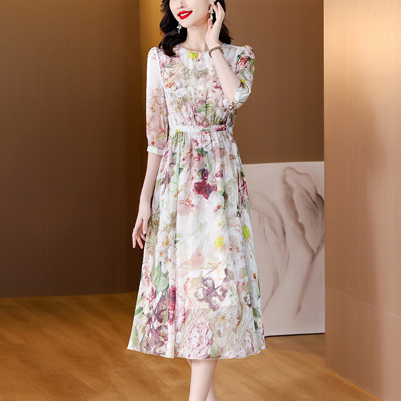 Western-style Relaxed-fit Midi Dress with Three-quarter Sleeves