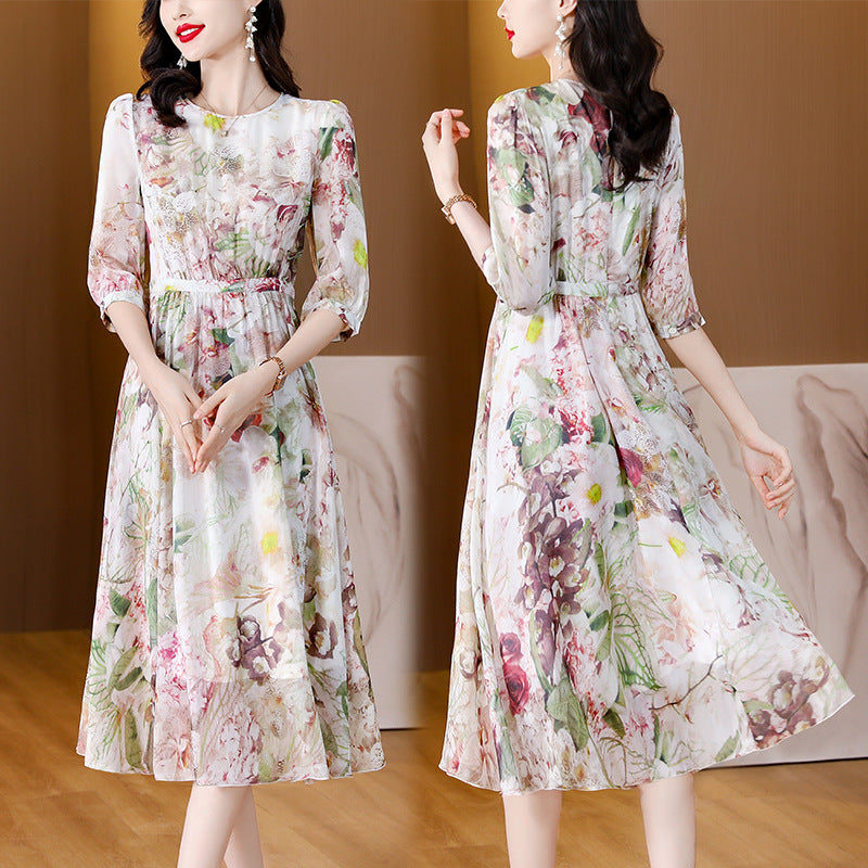 Western-style Relaxed-fit Midi Dress with Three-quarter Sleeves