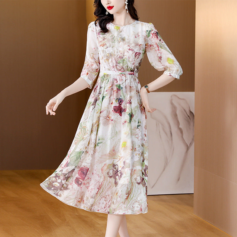 Western-style Relaxed-fit Midi Dress with Three-quarter Sleeves