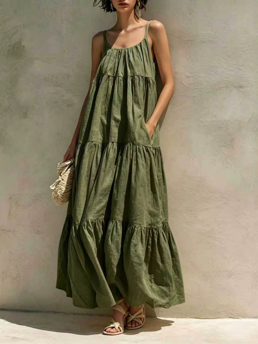 A-line Flared Maxi Dress with Pockets - Solid Color Style
