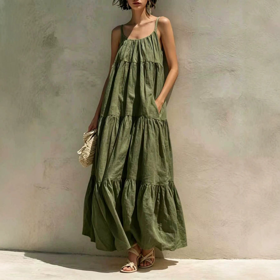 A-line Flared Maxi Dress with Pockets - Solid Color Style