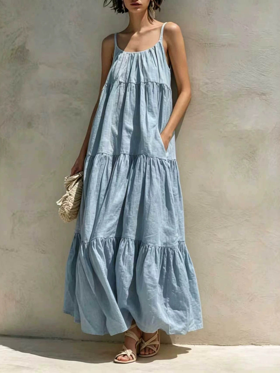 A-line Flared Maxi Dress with Pockets - Solid Color Style