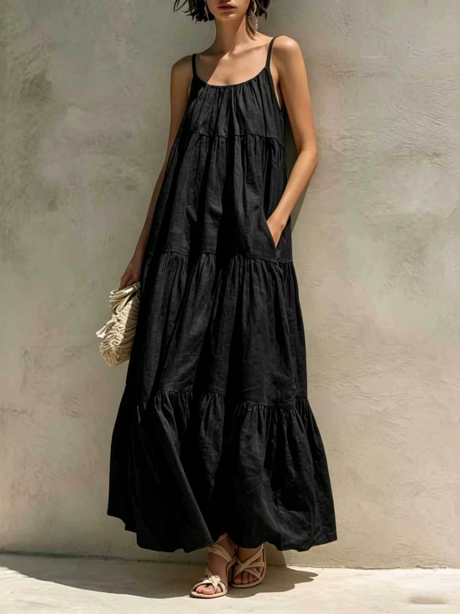 A-line Flared Maxi Dress with Pockets - Solid Color Style