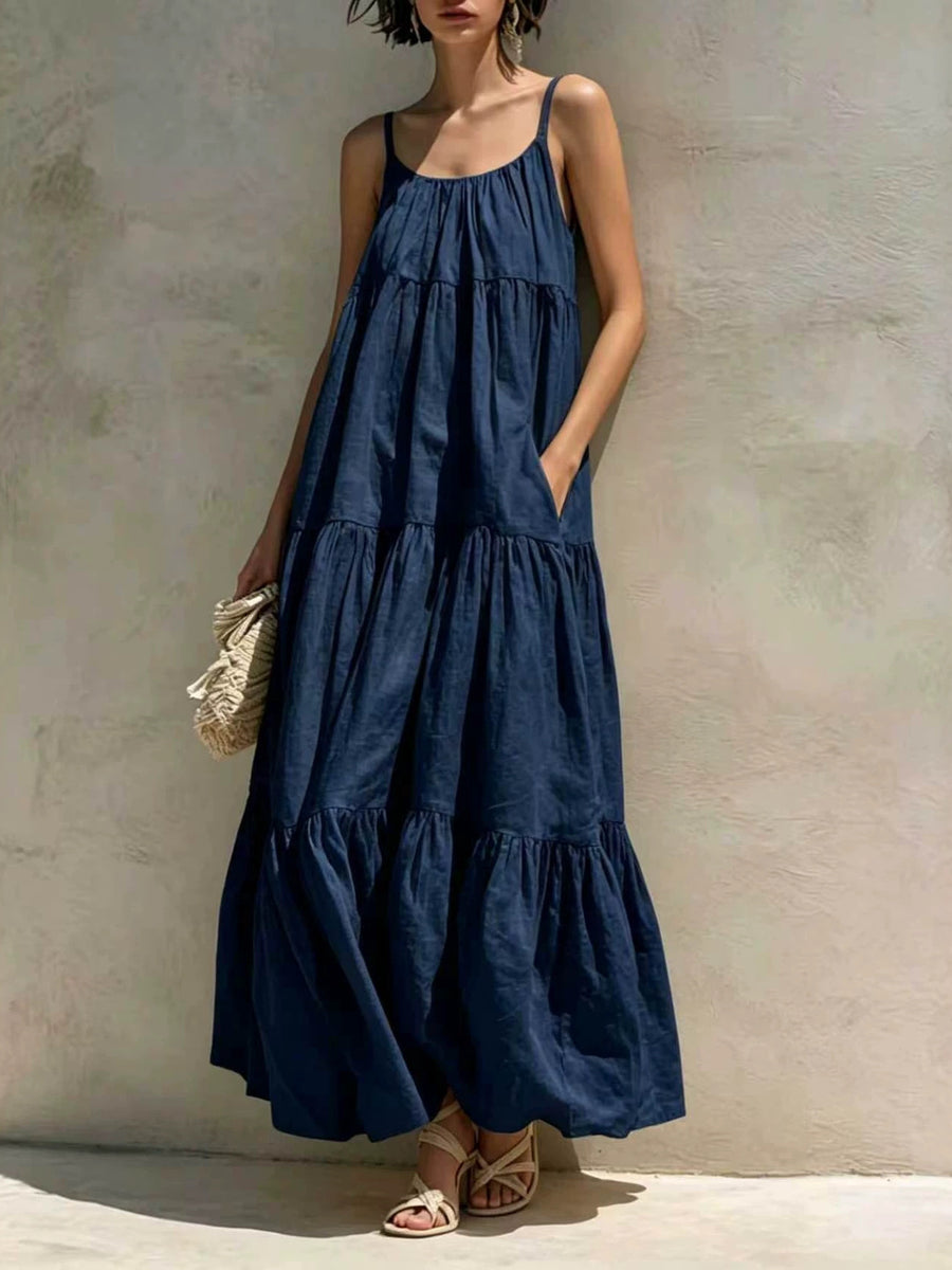A-line Flared Maxi Dress with Pockets - Solid Color Style