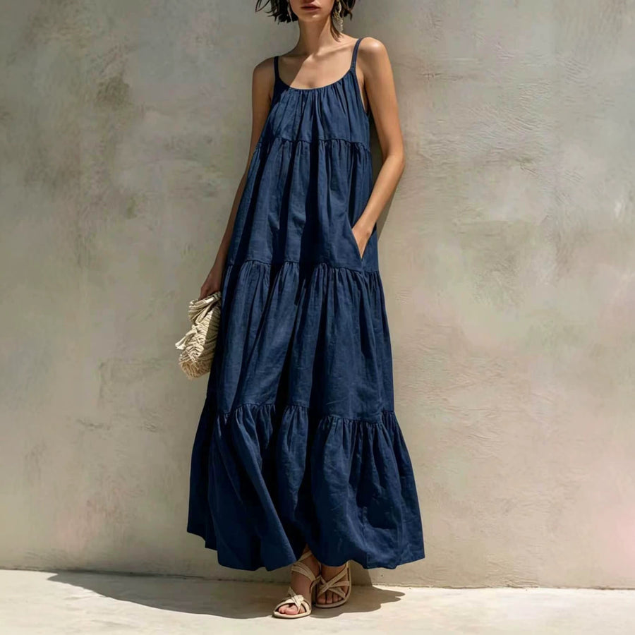 A-line Flared Maxi Dress with Pockets - Solid Color Style